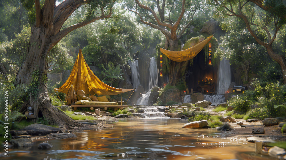 Poster enchanting forest hideaway with tent and waterfall..