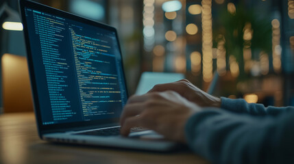 Software Developer Programming New Application on Laptop in Modern Office During Daytime, Focus on Code Screen and Hands, Concept of Technology and Innovation in Software Development