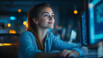 Young Woman Programmer Coding on Computer in Modern Office, Smiling and Confident, Coding Screen Visible, Evening Light Setting, Technology and Innovation Concept