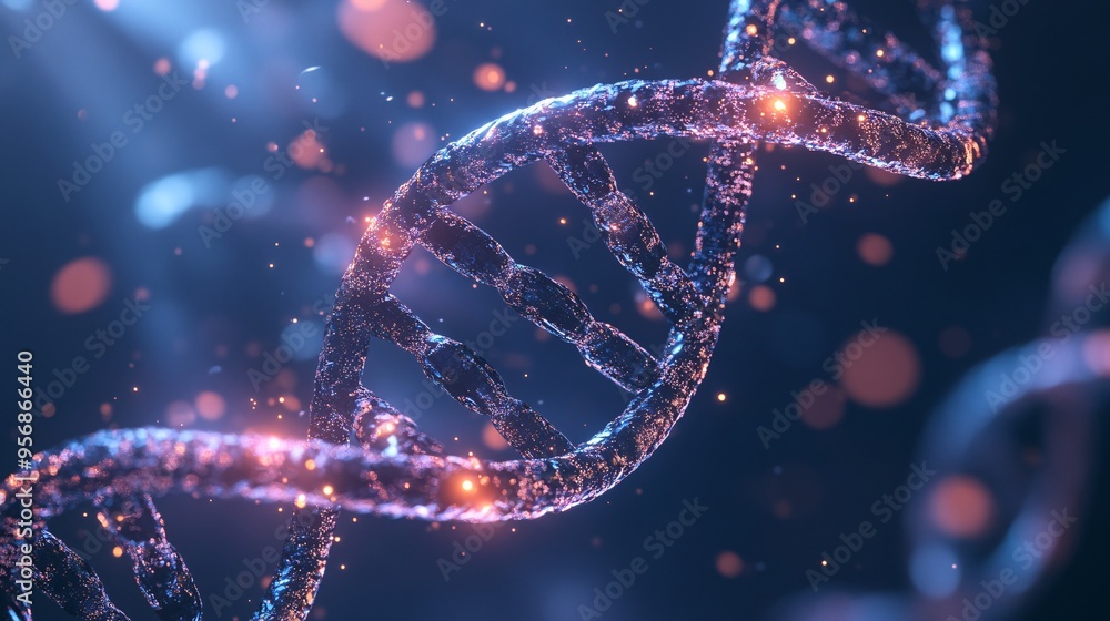 Poster a 3d rendering of a dna helix with a glowing, abstract background.