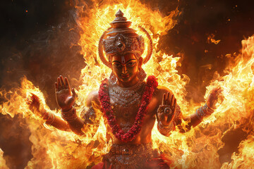 Fototapeta premium Agni, the Fire God, Embraced by Blazing Flames, a Powerful Depiction of Hindu Mythology