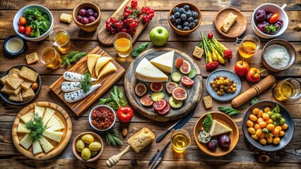 Abundant feast spread across a rustic wooden table, featuring a variety of savory dishes, fresh fruits, and artisanal cheeses, surrounded by empty plates and glasses.