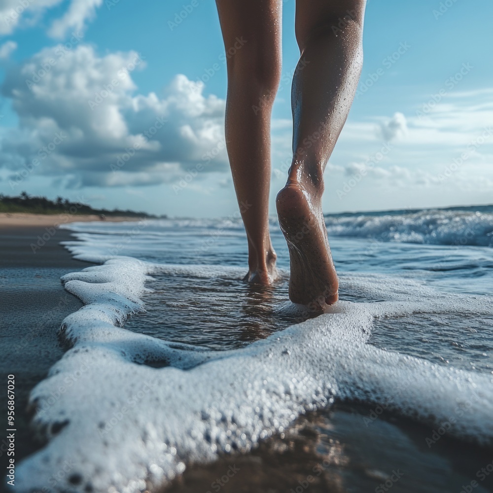 Poster Woman walking barefoot on a sandy beach with foamy waves.