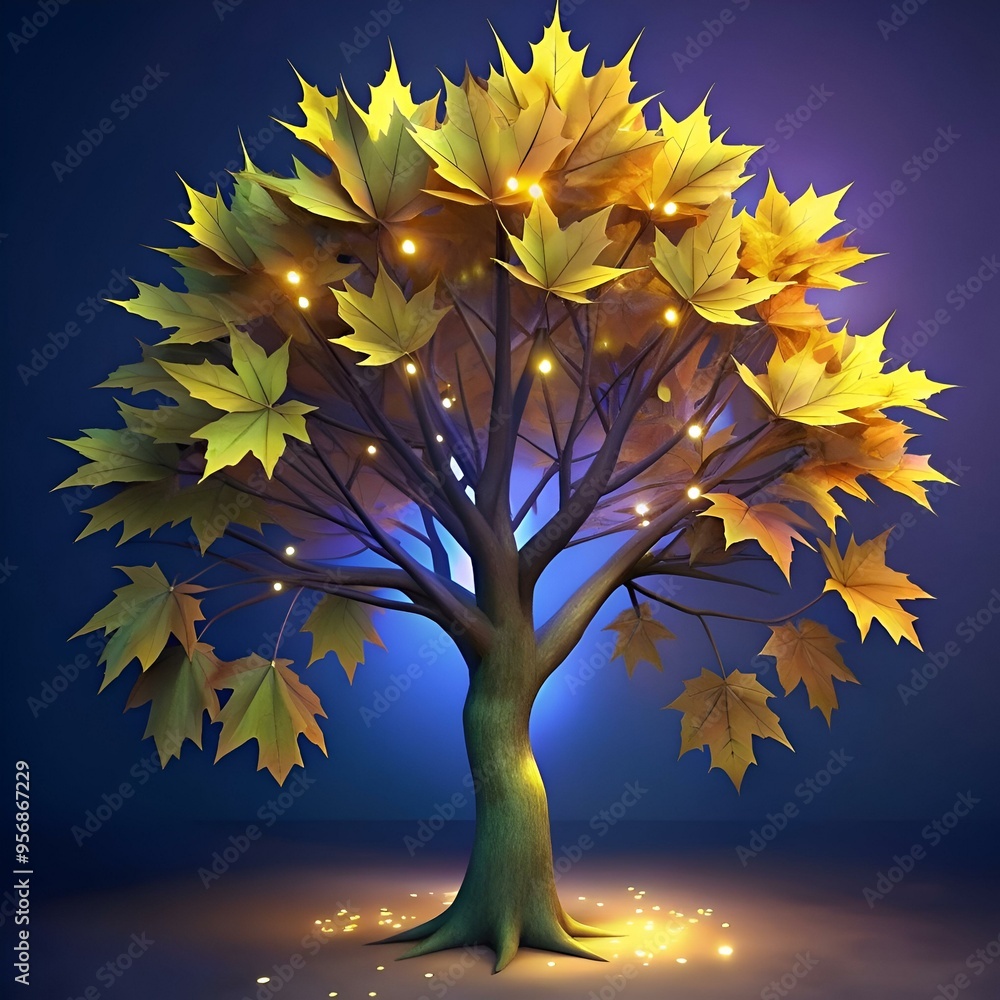 Poster a magical 3d illustration of a glowing bigleaf maple tree with a whimsical design and soft lighting.
