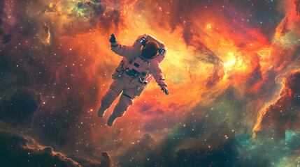 Naklejka premium A rainbow-colored nebula stretching across the sky, with an astronaut reaching out toward the swirling colors.