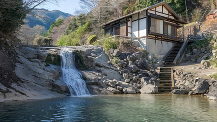 Obraz premium waterfall, bungalow, tropical, Asia, riverside, forest, cabin, nature, wooden, cottage, thatched, greenery, serene, peaceful, retreat, environment, rustic, tranquil, water, scenery, landscape, relaxat