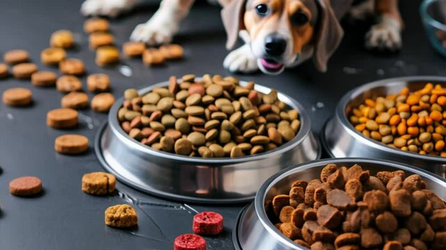 Hungry Beagle: A beagle dog stares longingly at a selection of dog food bowls, showcasing different brands and types of kibble. The image captures the irresistible allure of tasty treats for furry fri