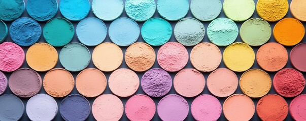 Top view of pastel powders in a variety of vibrant colors arranged in a grid for making rangoli