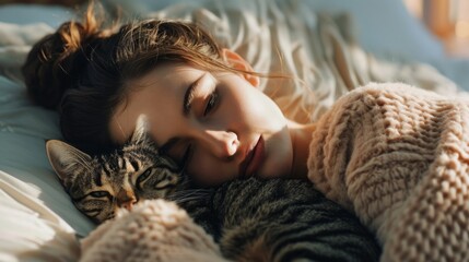 Woman hugging a tabby cat. ai generated art image