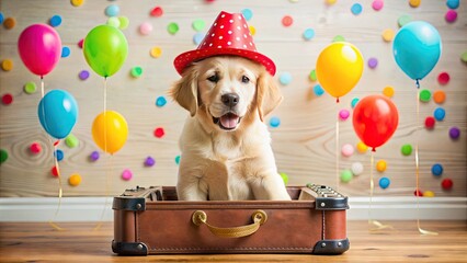 Adorable golden retriever puppy wears a tiny red fedora hat and sits on a vintage suitcase, surrounded by colorful party balloons and confetti.