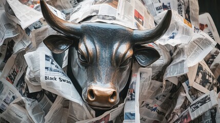金融見出しの新聞に覆われたブル像