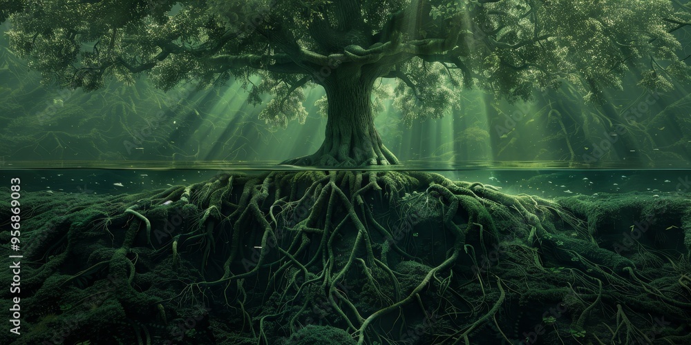 Poster Conceptual artwork of a tree with roots intermingling underground, symbolizing interconnectedness and unity