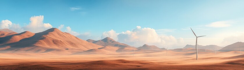 Naklejka premium A serene desert landscape featuring rolling sand dunes and a single wind turbine under a clear blue sky.