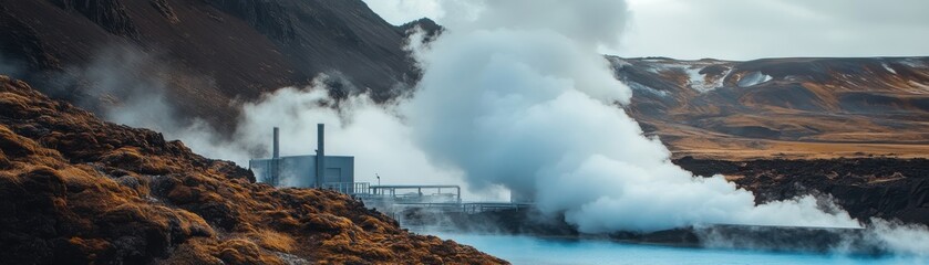 Fototapeta premium A serene geothermal power plant surrounded by stunning landscapes, emitting steam amidst Iceland's natural beauty.