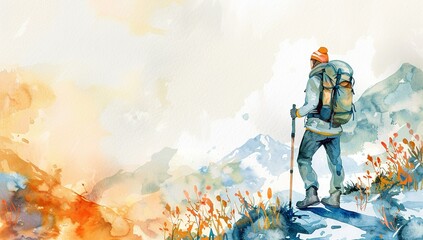 Watercolor Hiker with Backpack in Autumn Mountains