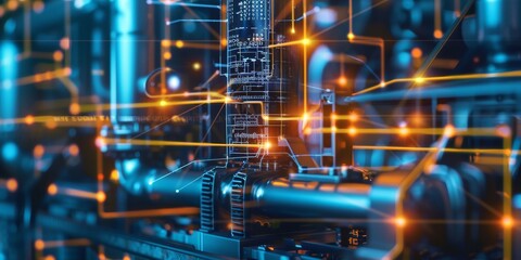 Abstract industrial technology concept with digital interface and network connections