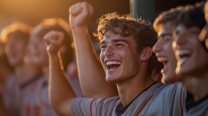 Baseball team cheering from the dugout after a home run, arms raised, ecstatic smiles, teammates slapping each otheras backs.