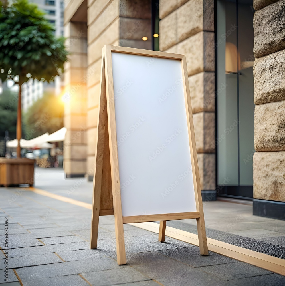 Poster a blank a frame sidewalk sign stands in front of a storefront. ready for your message.