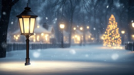 The warm glow from street lamps illuminates an empty snowy field at night, with a large wooden...