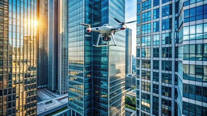 Fototapeta premium Aerial view of a drone flying near a large, modern high-rise building, capturing its intricate architecture and structural details during a routine inspection process.