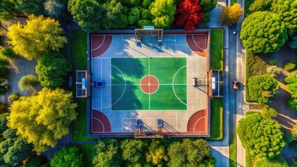 Obraz premium Aerial view of a outdoor basketball court surrounded by vibrant green trees, with a freshly painted surface and gleaming hoops standing out against a blue sky.