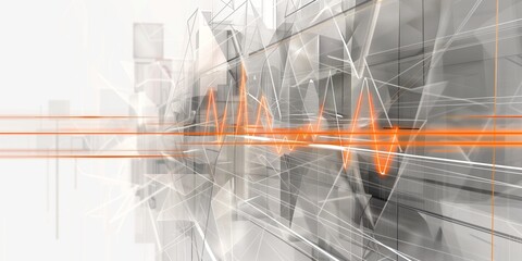 Abstract background with heartbeat graph and geometric elements, gray and orange tones, strict lines.