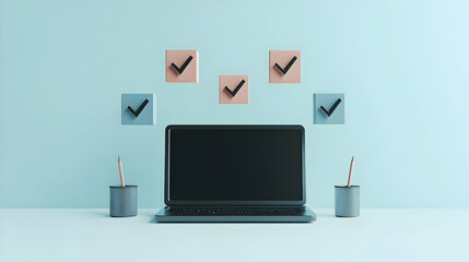Laptop and Checkmark Icons with Task Completion text isolated on white background concept as Camera movement Focus on the laptop and checkmark icons highlighting task completion during virtual meeting