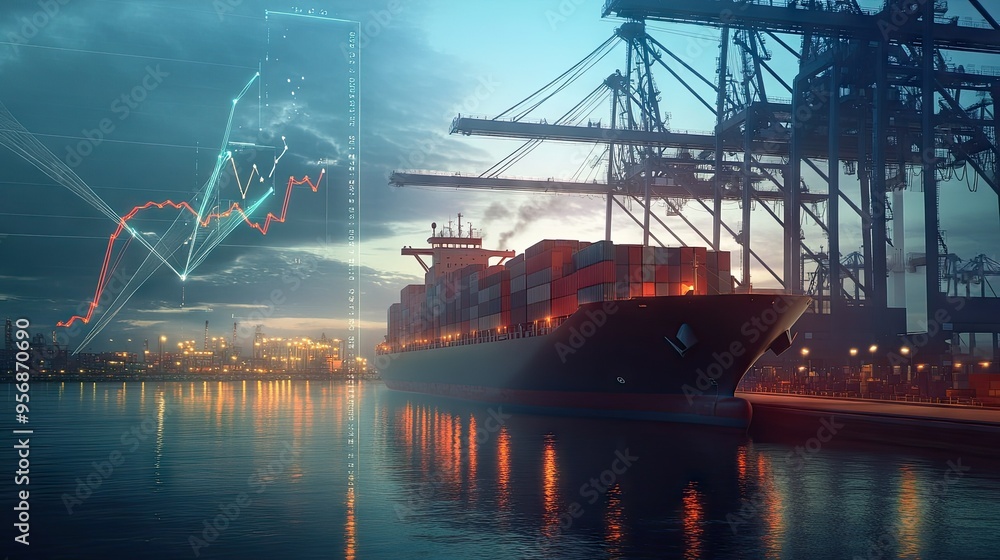 Poster dock scene with a cargo ship and crane in action, combined with an upward trend graph. concept for i
