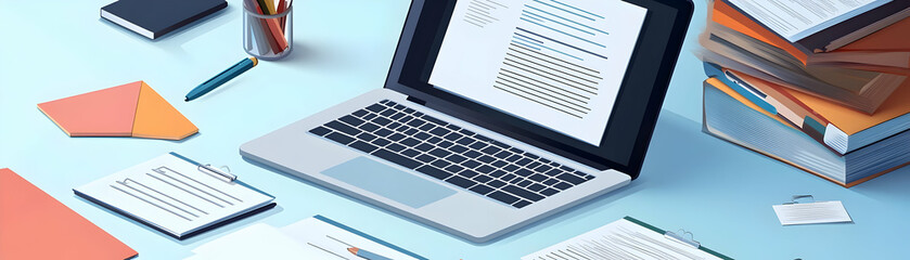 Laptop and Document Isolated Vector concept as An isolated vector of a laptop and document on a white background representing online research and writing in education. Ideal for educational projects d