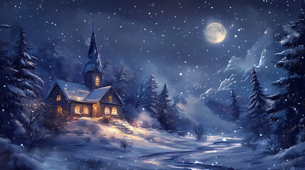 Fototapeta premium Fabulous mystic winter landscape, night scene with a moon and cute house in snow. Mystic. Illustration