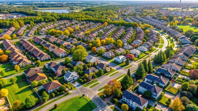 Aerial view of a suburban subdistrict with neatly arranged housing complexes, tree-lined streets, and community facilities amidst lush green parks and open spaces.