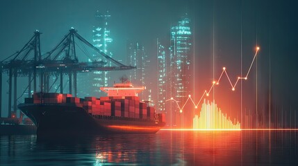 Fototapeta premium Dock scene with a cargo ship and crane in action, combined with an upward trend graph. Concept for increasing efficiency in freight transport and export.