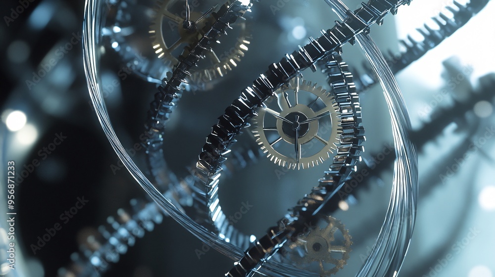 Poster a close-up of a intricate clockwork mechanism, with golden gears and silver cogs interlocked in a co