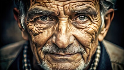 Aged, wrinkled, and weathered, a stern senior's face conveys wisdom, experience, and a lifetime of stories, with deep lines and furrowed brows etched on a worn complexion.