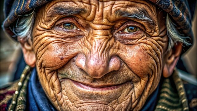 Aged, weathered face with deep furrows, crow's feet, and prominent wrinkles, conveying a lifetime of laughter, tears, and exposure to the elements.