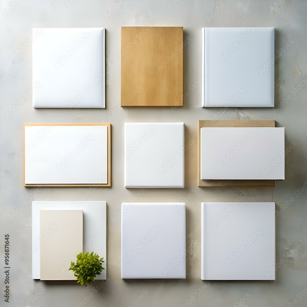 Poster a flat lay of various square and rectangular shapes in white. beige. and brown.