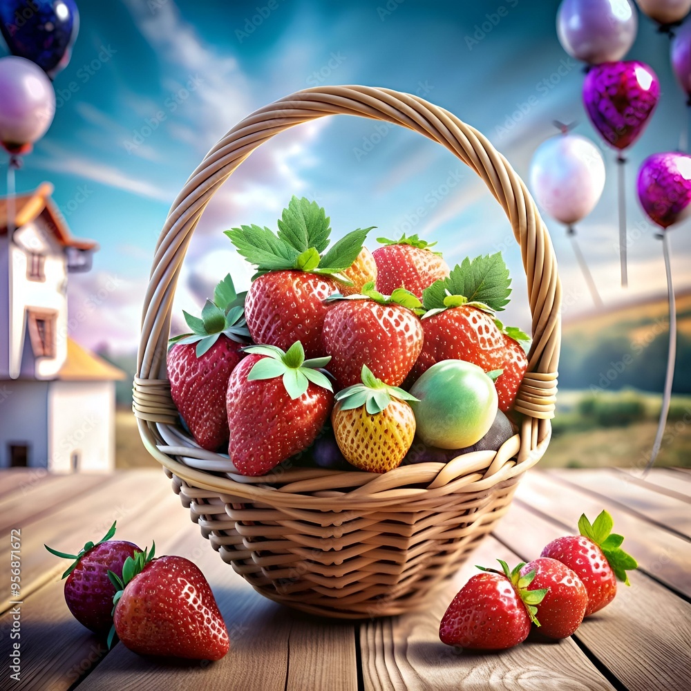 Poster a delightful 3d illustration of a wicker basket overflowing with ripe strawberries. perfect for addi