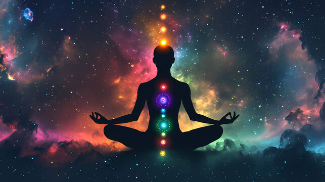 Meditating human silhouette in yoga pose. galaxy universe background. colorful chakras and aura glow. meditation on outer space background with glowing chakras. esoteric. Mystic. Illustration