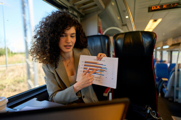 Curly-haired professional analyzing documents with her laptop open on a daytime train.