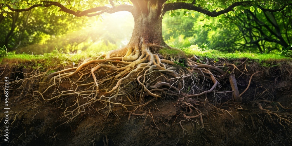 Poster Conceptual artwork of a tree with roots intermingling underground, symbolizing interconnectedness and unity