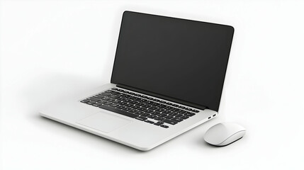 Laptop and wireless mouse with Work Smart text isolated on white background concept as Camera movement Focus on the laptop and mouse highlighting the efficiency message. Scene Sleek and modern setup w