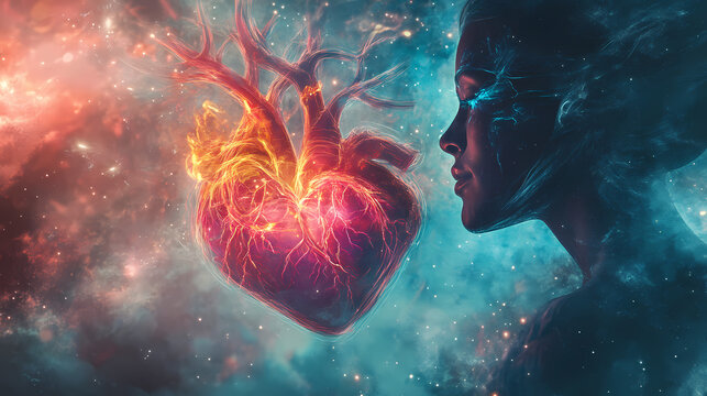 Soul home is our heart , concept, esoteric heart connects soul, emotions and body, deep mystical feelings, universe, spiritual love. generative ai. Mystic. Illustration