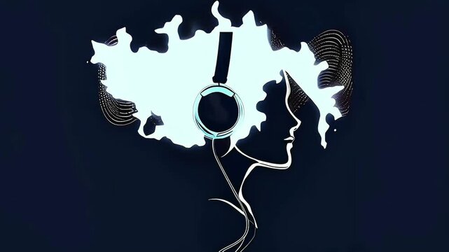 Profile of a woman wearing headphones listening to the music. Contrasting cartoon video