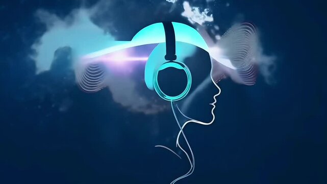 Profile of a woman&rsquo;s head wearing headphones listening to music, cartoon video animation, 