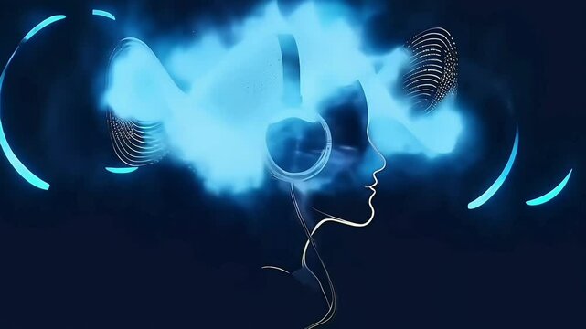 Person wearing headphones listening to the music with expressive visuals, cartoon video