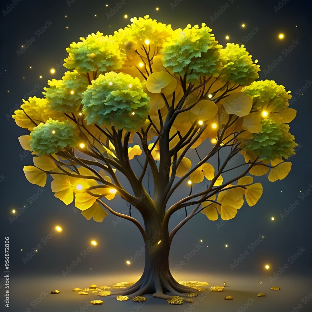 Poster enchanted ginkgo tree with glowing lights. perfect for adding a touch of magic and wonder to your de