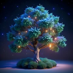 A magical 3D illustration of a California Juniper tree illuminated by warm. glowing lights under a starry night sky.