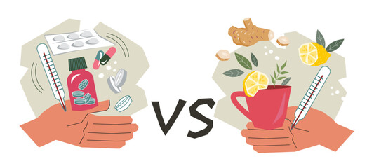 Cold and flu traditional pharmaceuticals and natural remedies homeopathic treatment. Comparison of traditional and alternative medicine for seasonal cold or flu, viral diseases. Vector banner isolated