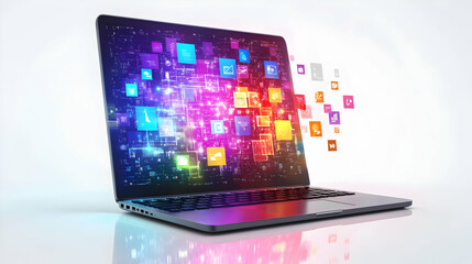 Fototapeta premium Laptop with holographic task management icons and copy space isolated on white balance concept as Camera movement Focus on the laptop screen displaying glowing holographic task management icons. Scene