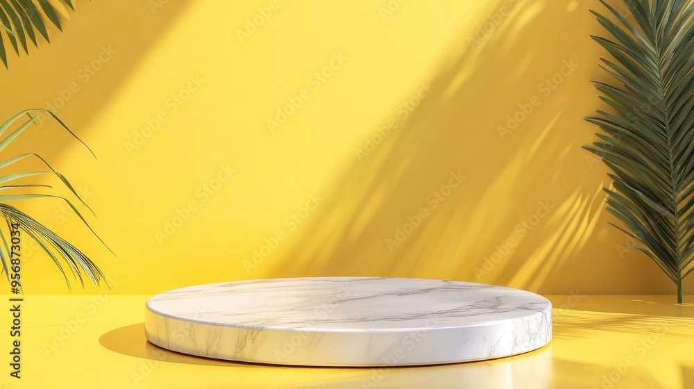 Poster yellow product display on 3d marble podium with minimal natural background